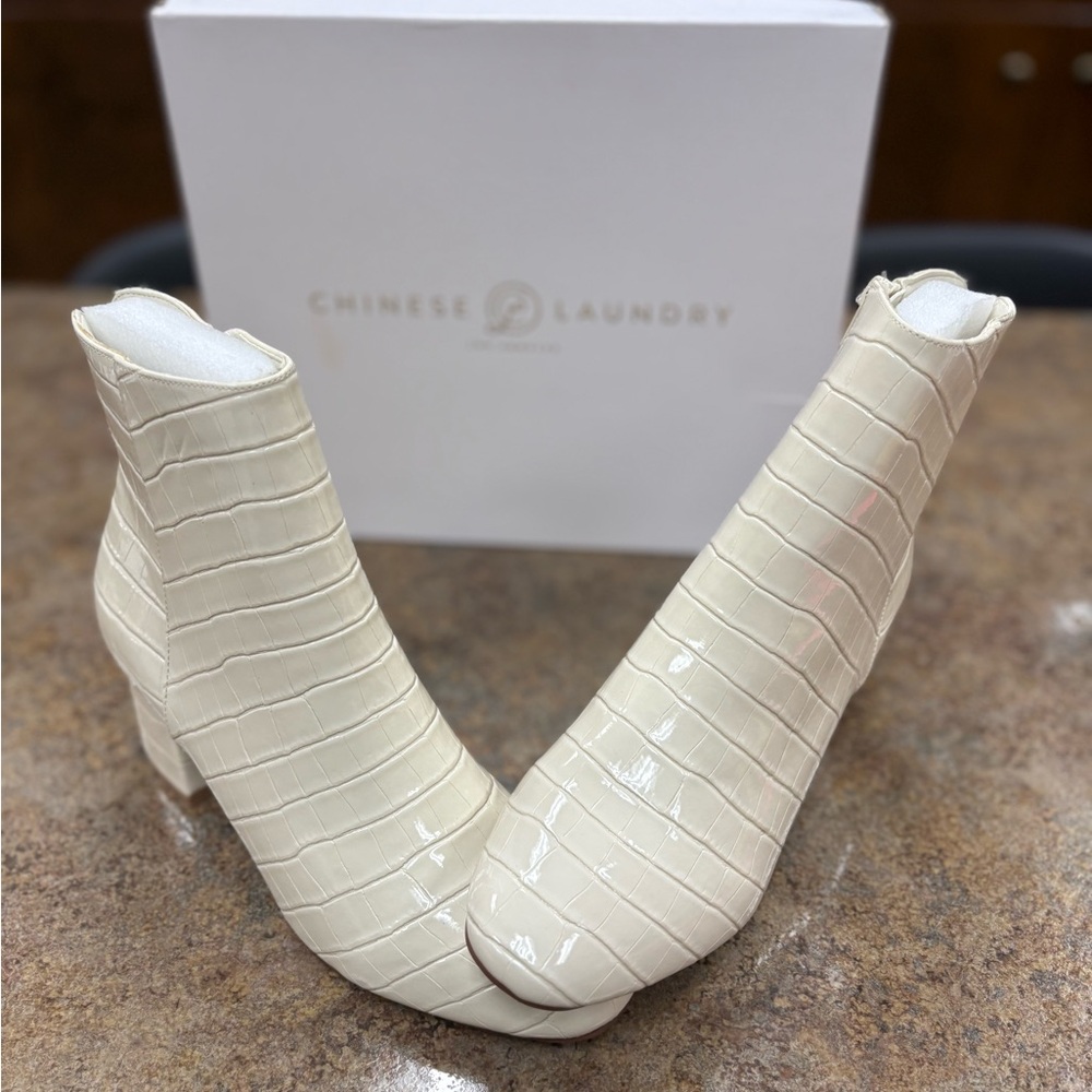 Chinese Laundry Croc-Embossed Cream Booties